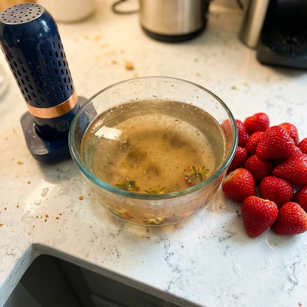 [16:9] Bowl of cloudy brown water after PurePod cleaning with strawberries next to it
