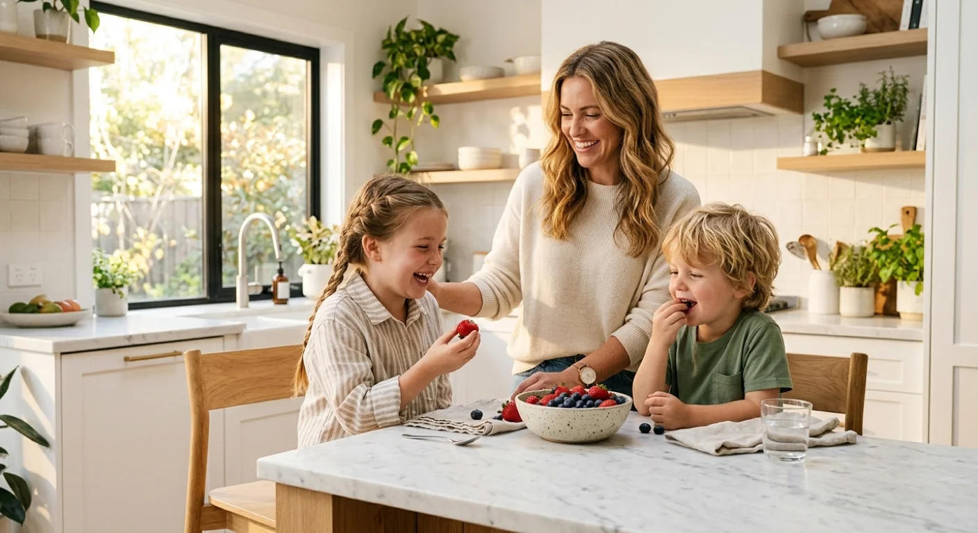 [800x419 ~2:1] Happy family in bright kitchen, kids eating fresh berries, mom smiling, clean and relaxed atmosphere